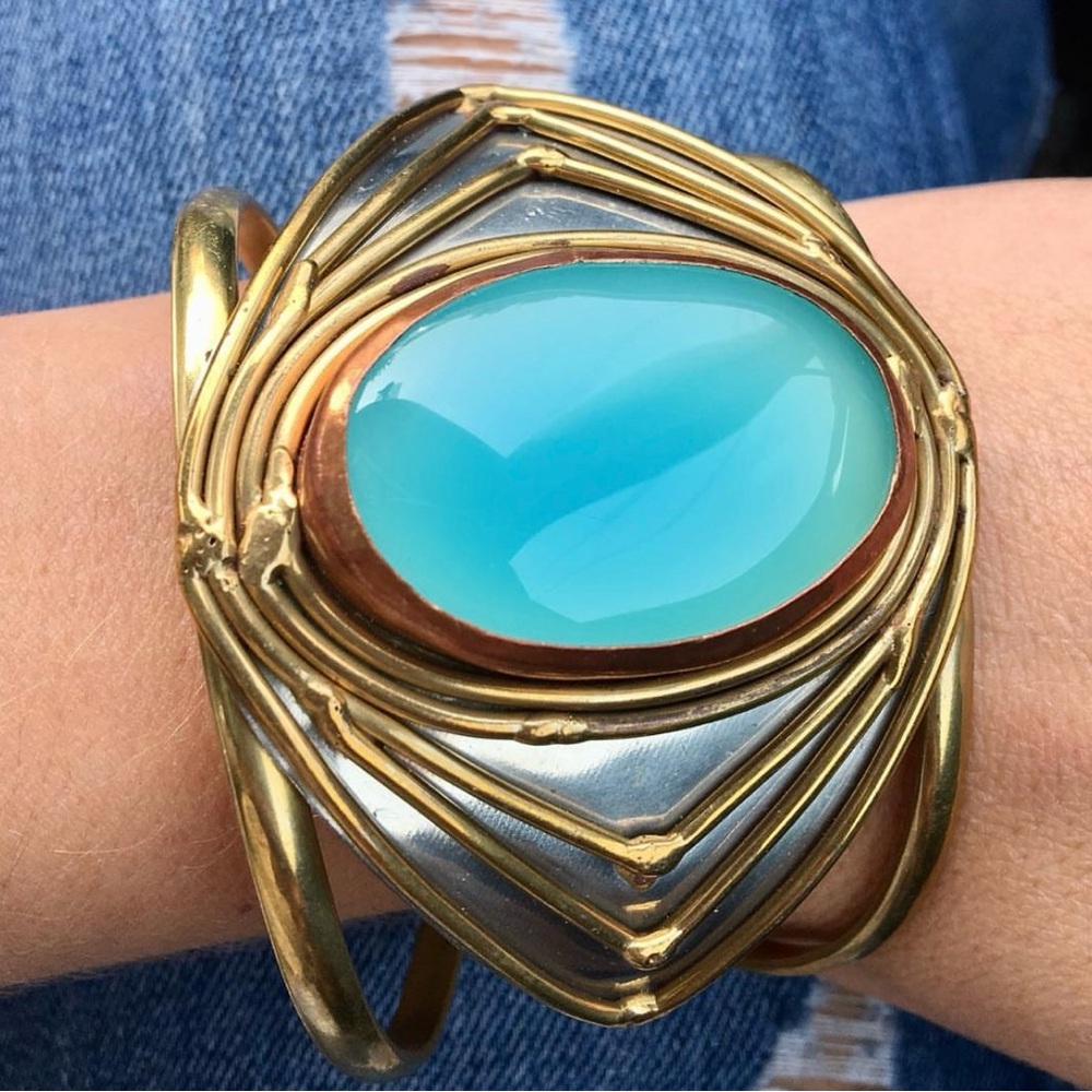 Vintage Handcrafted Brutalist Stainless Copper Brass Turquoise Blue Stone Cuff